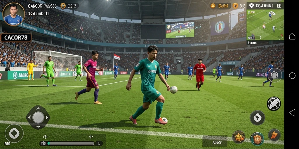 Tangkapan layar dari gameplay sepak bola CACOR78 yang menyenangkan dan mendebarkan.
