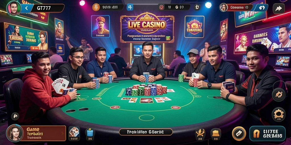 Tangkapan layar utama GT777 menampilkan dealer langsung dalam aksi di permainan kasino.