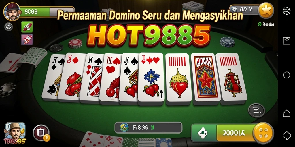 Tampilan gameplay HOT985 dengan pemain bertanding di meja domino.