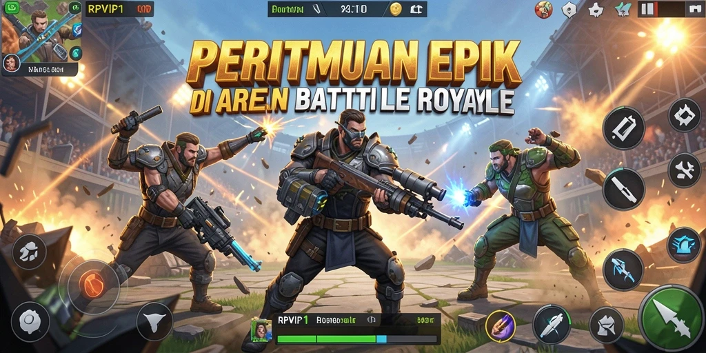 Screenshot gameplay RPVIP1 menampilkan aksi mendebarkan dalam pertempuran Battle Royale.
